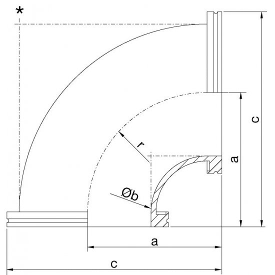 Bild 2 - ISO-K-Rohrbogen Aluminium DN 160 a=158 / b=150 / c=248 / r=150,5