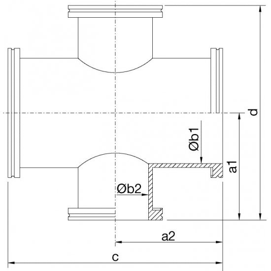 Bild 2 - ISO-K-Reduzierkreuzst. DN 250/200 a1=195 / b1=261 / a2=208 / b2=213 / c=416 / d=390