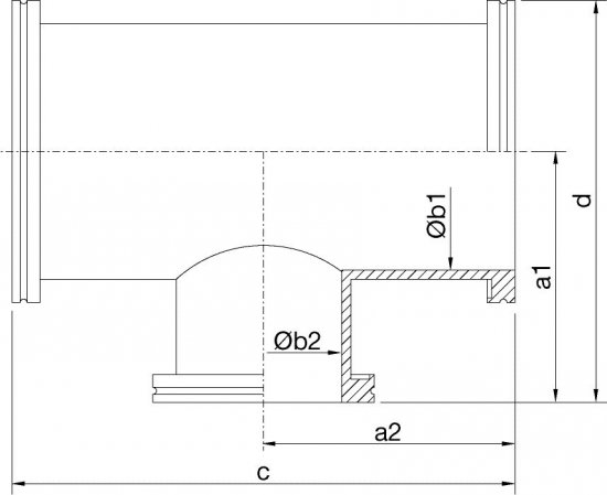 Bild 2 - ISO-K-Reduzier-T-Stck VA DN 100/63 a1=107 / b1=102 / a2=108 / b2=70 / c=216 / d=172