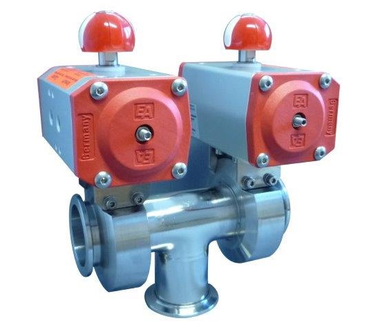 Bild 1 - 3-Wege Schmetterlingsventil elektropneumatisch VA NW 25 a=130 / b=55 / c=190 / d=145 mit optischem LM ohne SV
