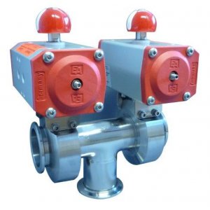 3-Wege Schmetterlingsventil elektropneumatisch VA NW 40 a=150 / b=65 / c=210 / d=165 mit optischem LM mit SV